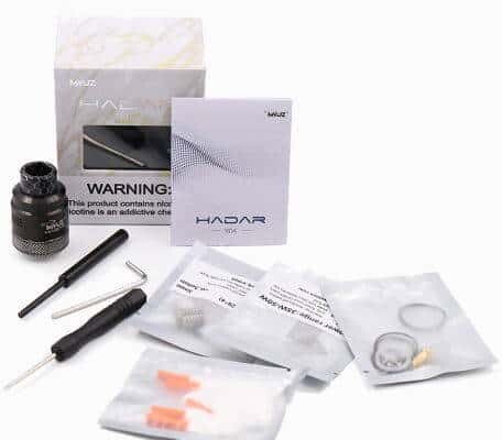 The packaging and parts with the MYUZ Hadar RDA