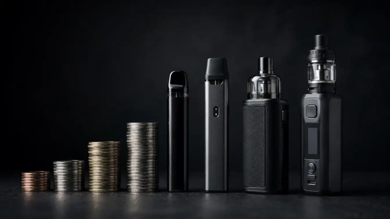 Coins stacked next to some vapes