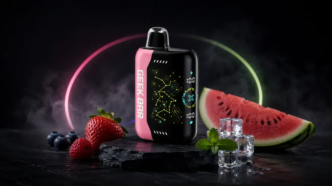 Single Geek Bar vape with some fruits and ice with a black background