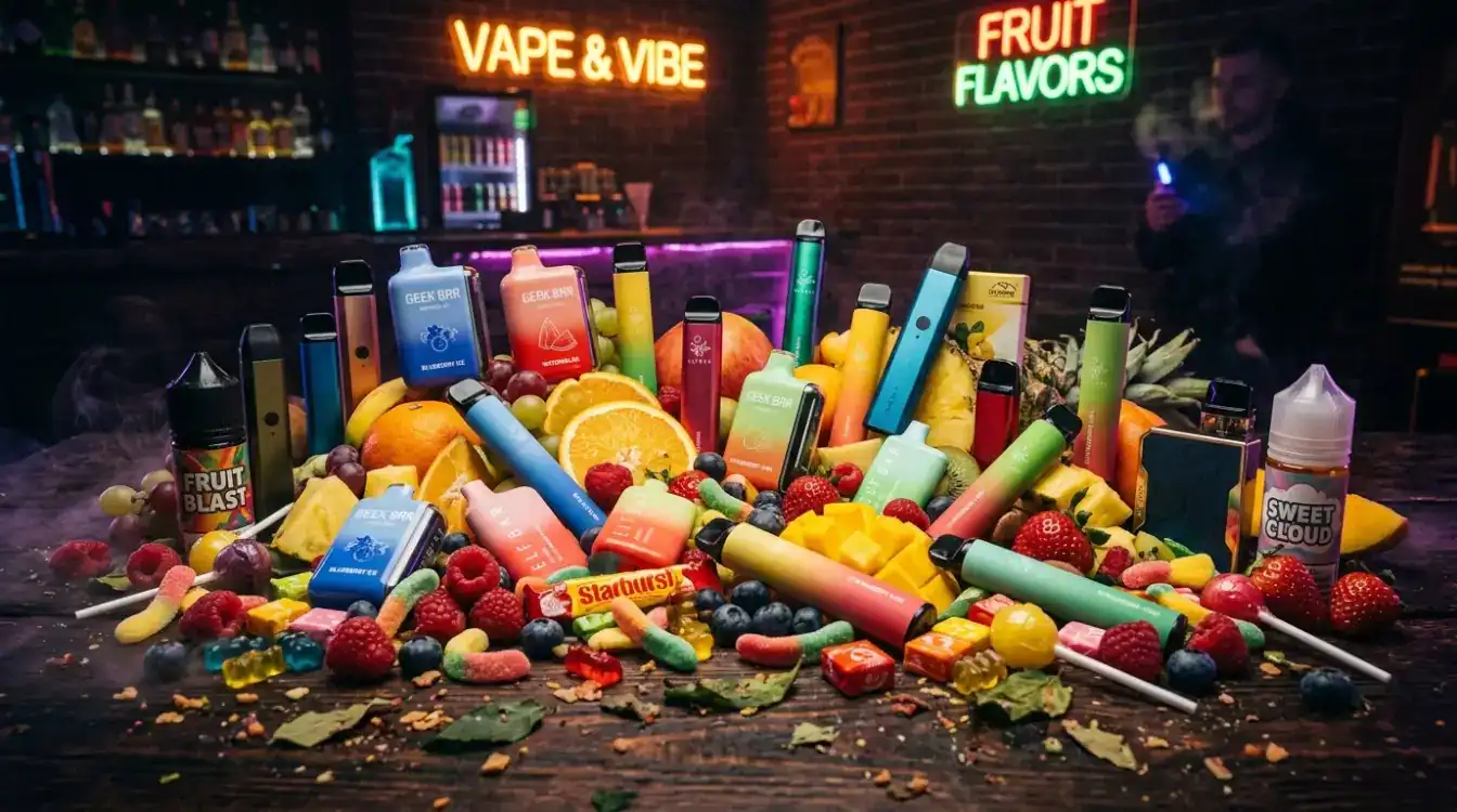 Huge selection of fruits available as vape flavors with pod vapes and disposables on top