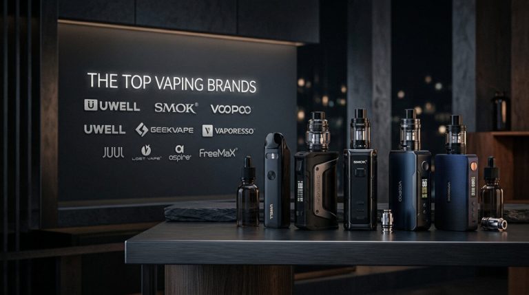 Popular vaping brands with logos and vapes