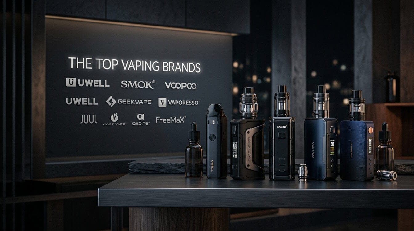 Popular vaping brands with logos and vapes