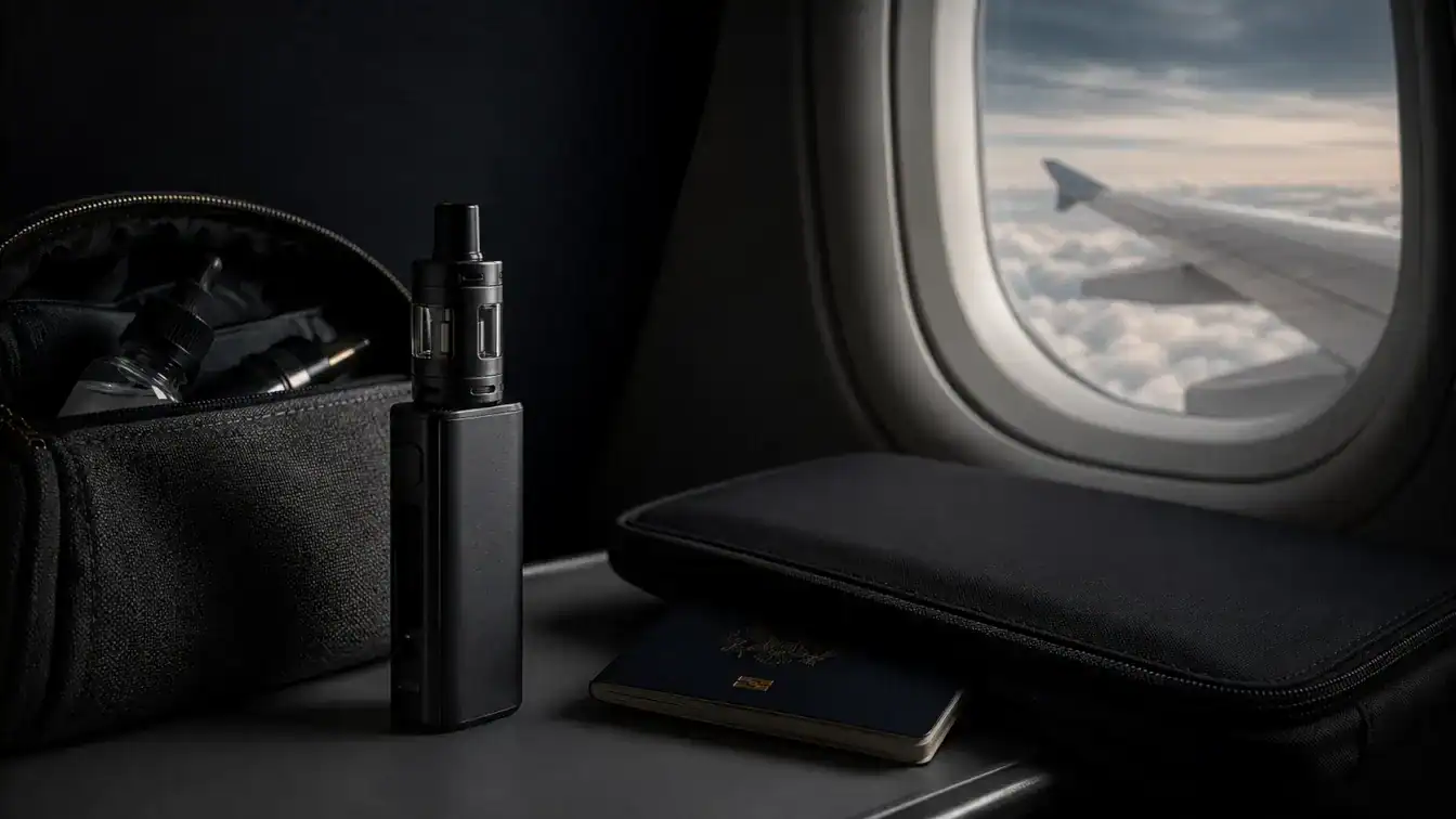 Vape device on a table infront of a plane window