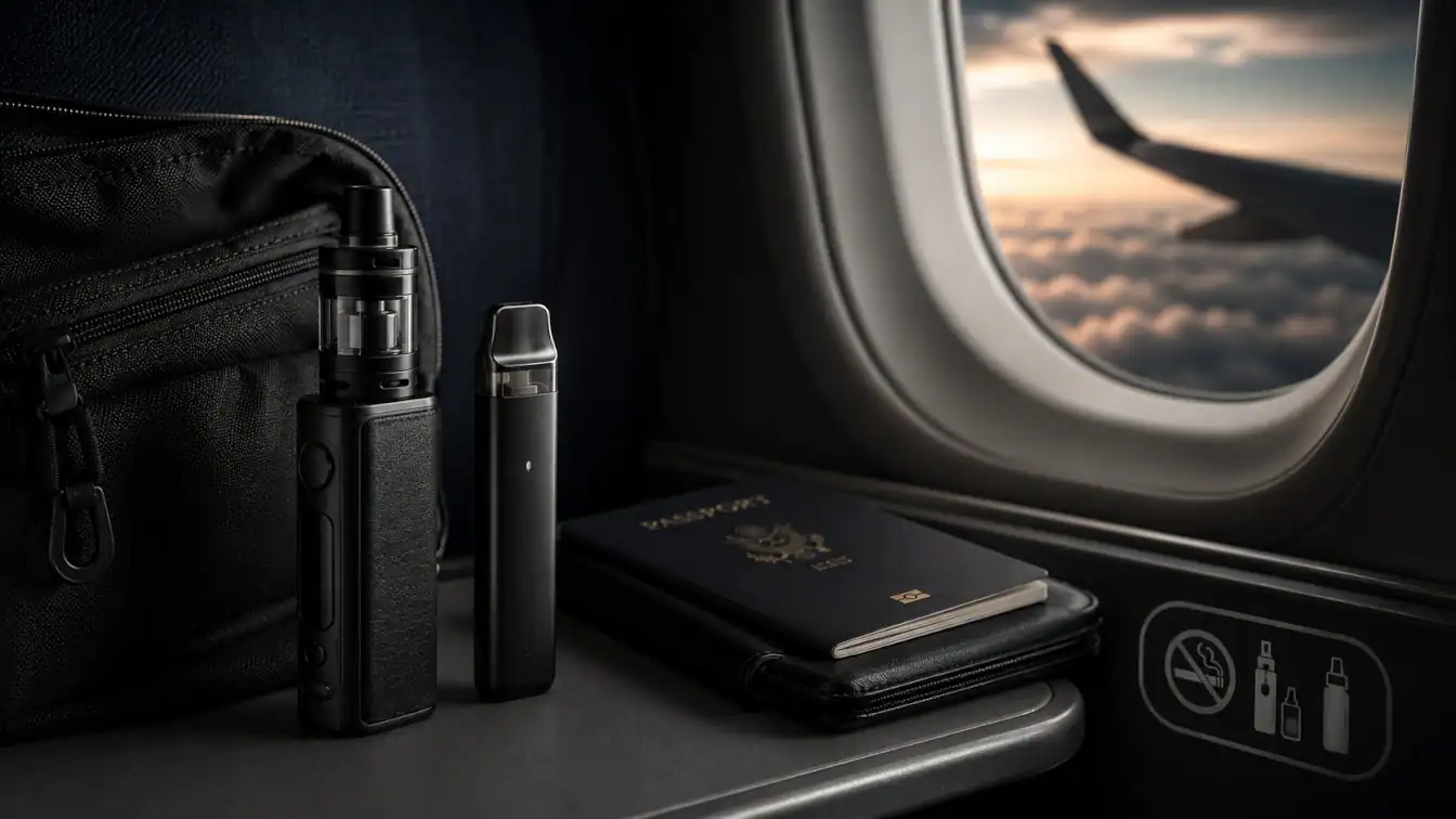 A couple of vapes on a table infront of a plane window