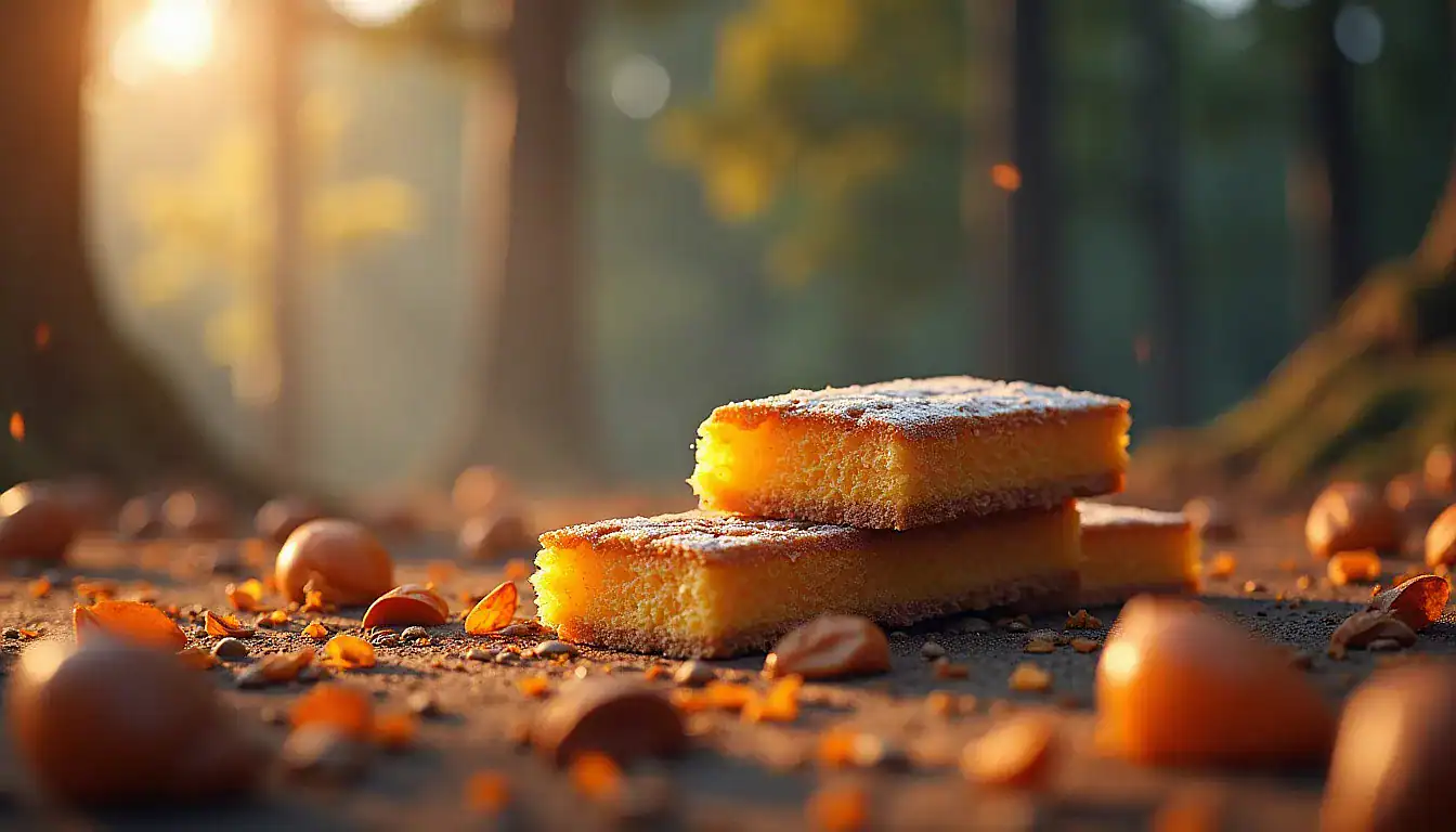 Two cake slices dusted with powdered sugar on surface with nuts scattered around them