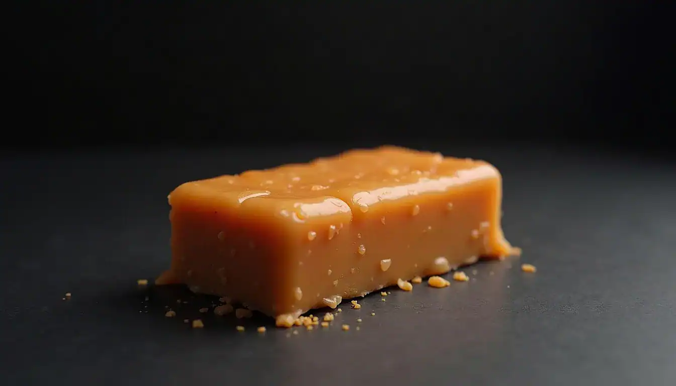 Caramel-colored bar of soap on dark surface with scattered granules beside it