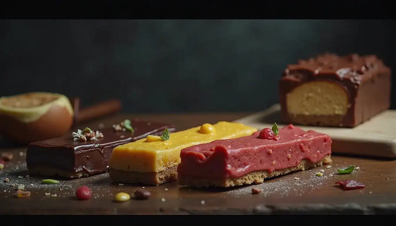 Colorful gourmet dessert bars arranged on dark surface with garnishes and crumbs