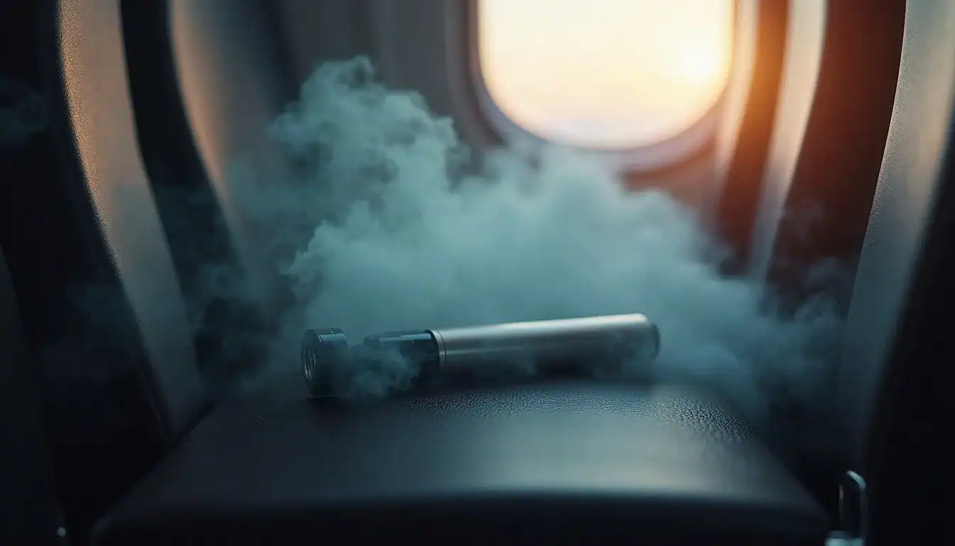 Unnamed vape device on dark surface with vapor clouds and airplane window visible
