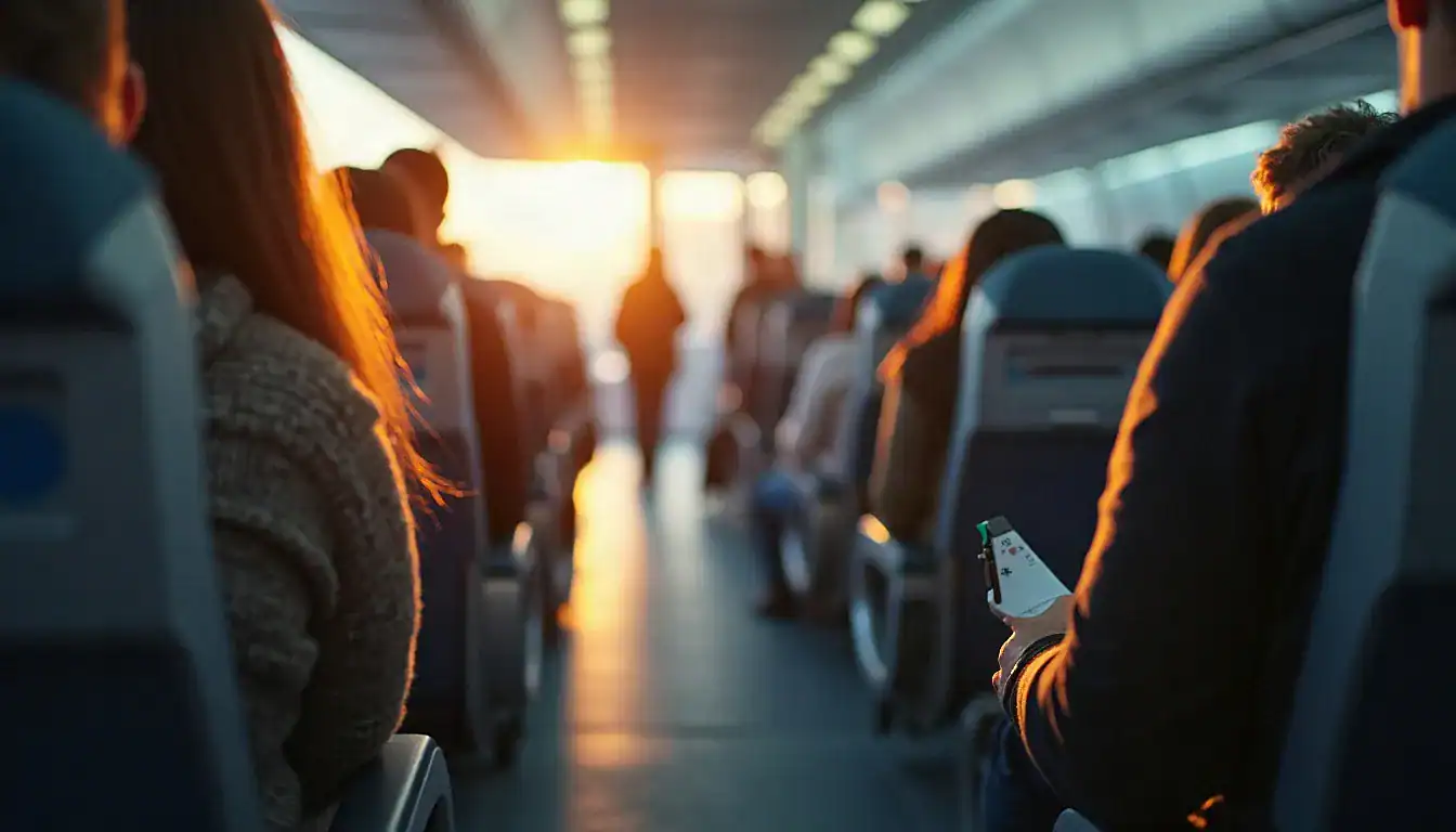 Vape device held in hand inside airplane cabin with passengers and blurred golden sunlight