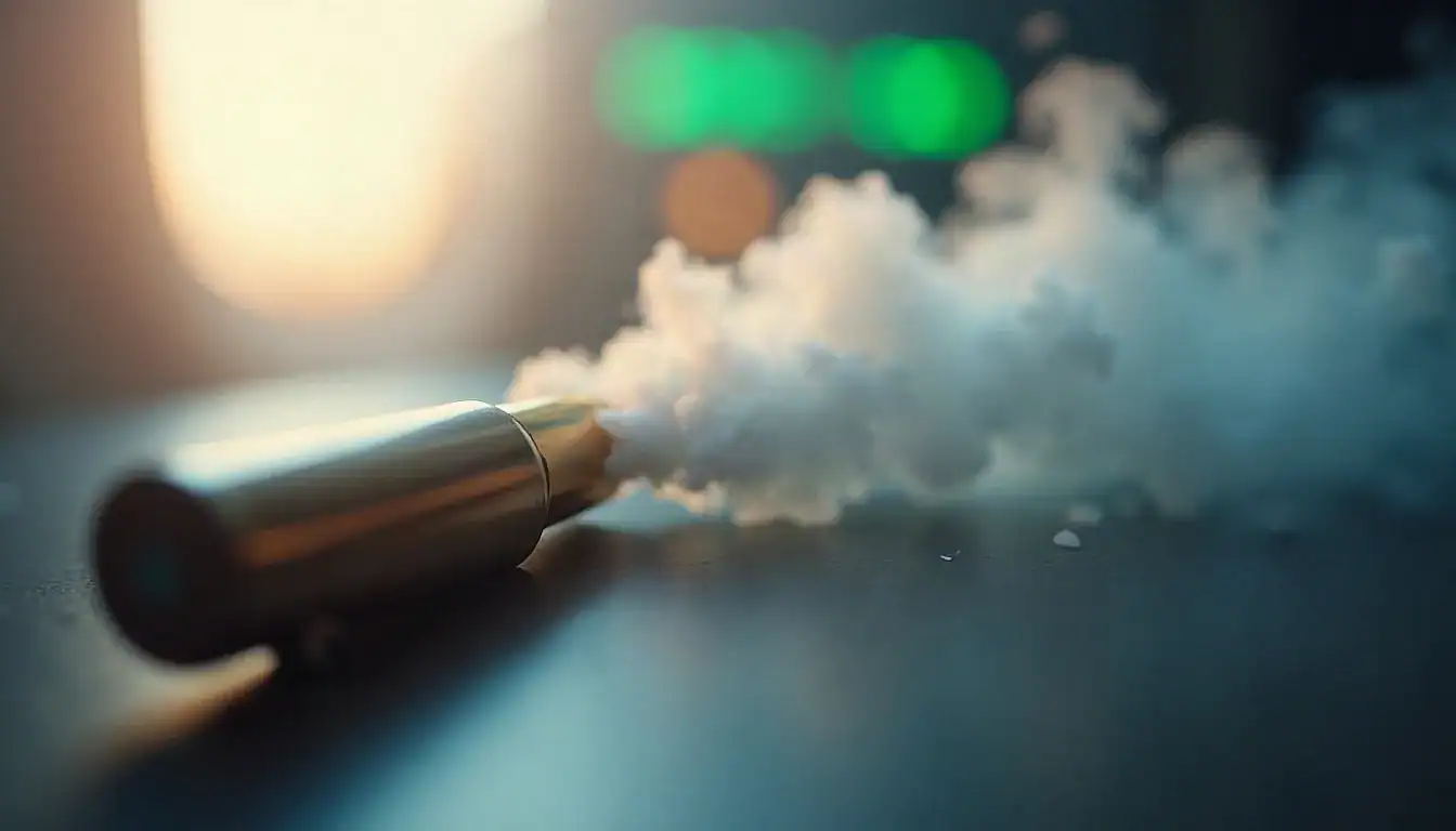 Unnamed vape device on blue surface producing white vapor with blurred lights behind