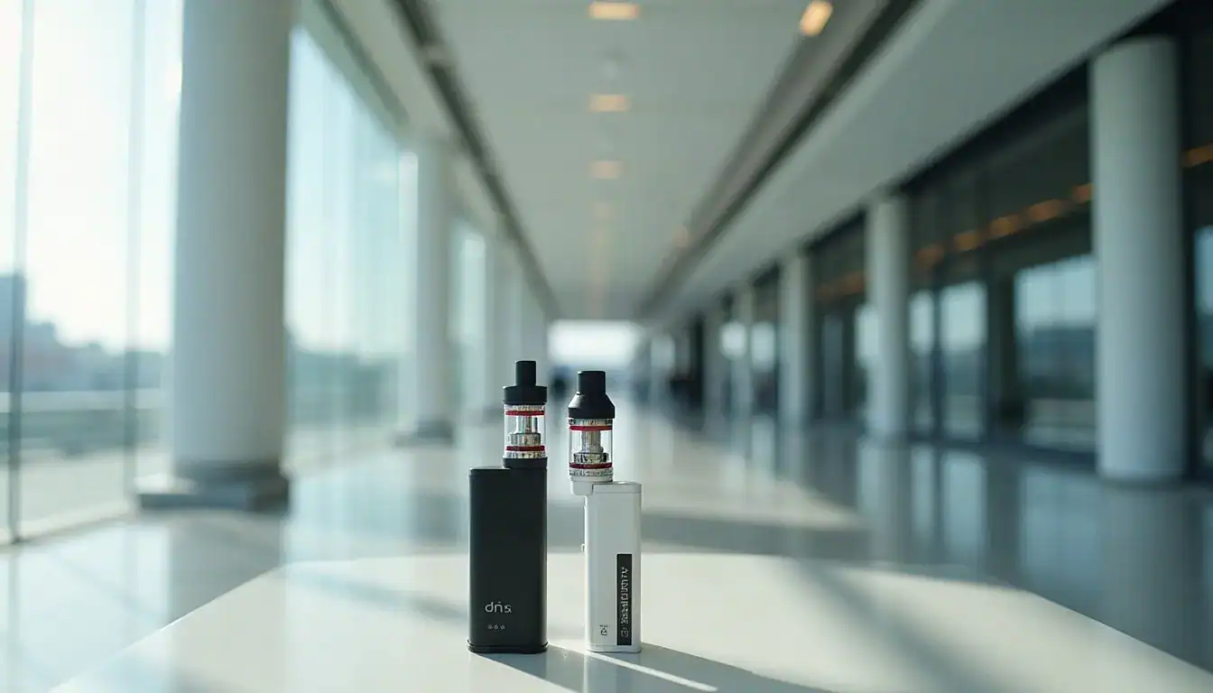 Unnamed vape device in black and white models displayed on white surface in modern hallway