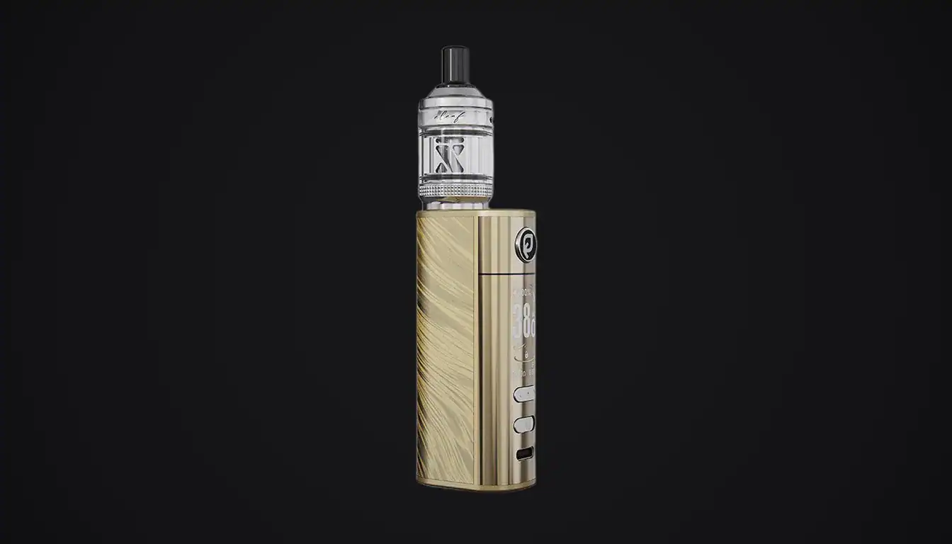 Eleaf iStick X40 vape device with cream and gold striped body and silver tank on black background