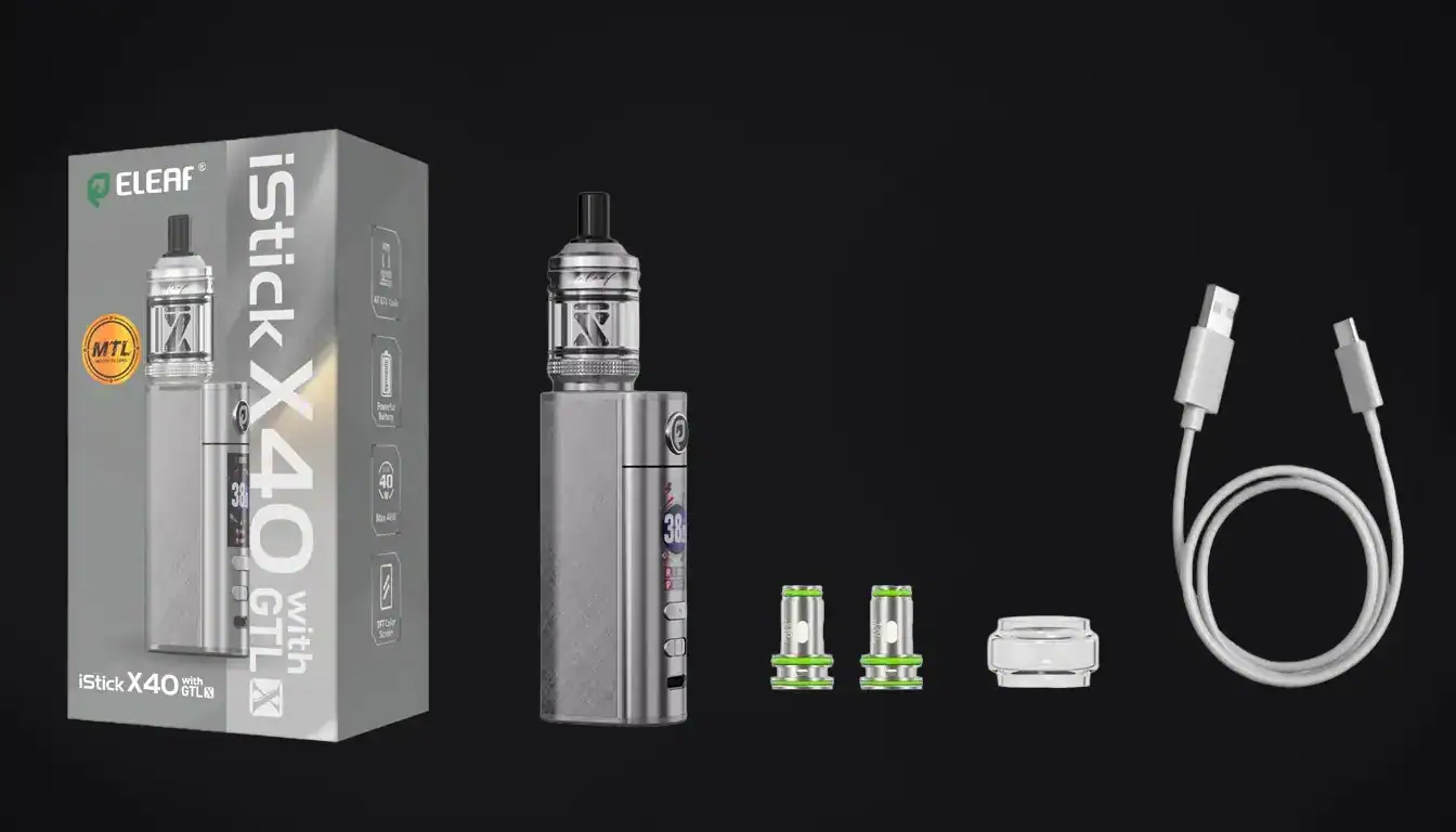 Eleaf iStick X40 vape device shown in silver with packaging box on black background