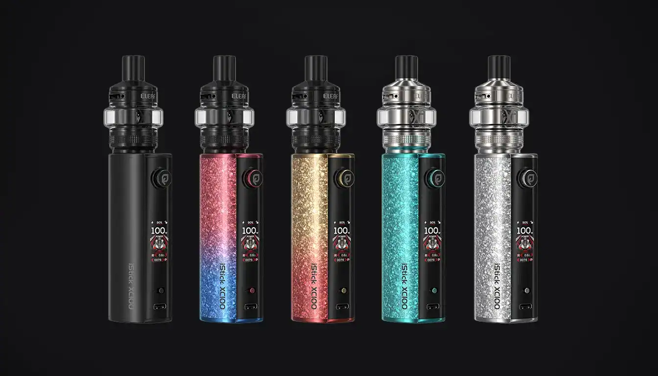 Eleaf iStick XC100 vape mod displayed in five colorways against dark background