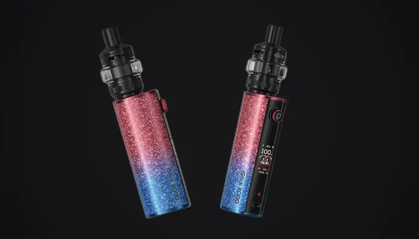 Eleaf iStick XC100 vape devices showing pink-to-blue gradient tanks with black tops on dark background