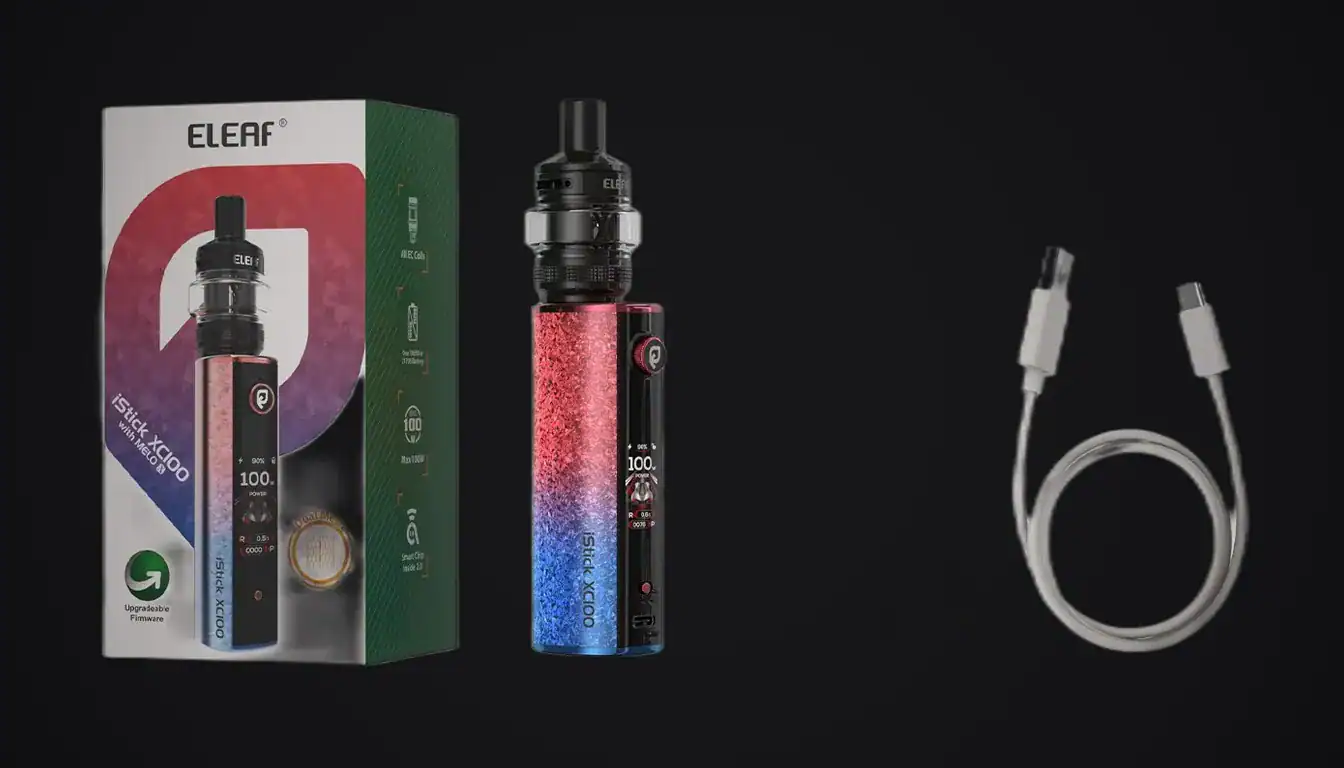 Eleaf iStick XC100 vape kit displayed with packaging, device, and USB cable against black background