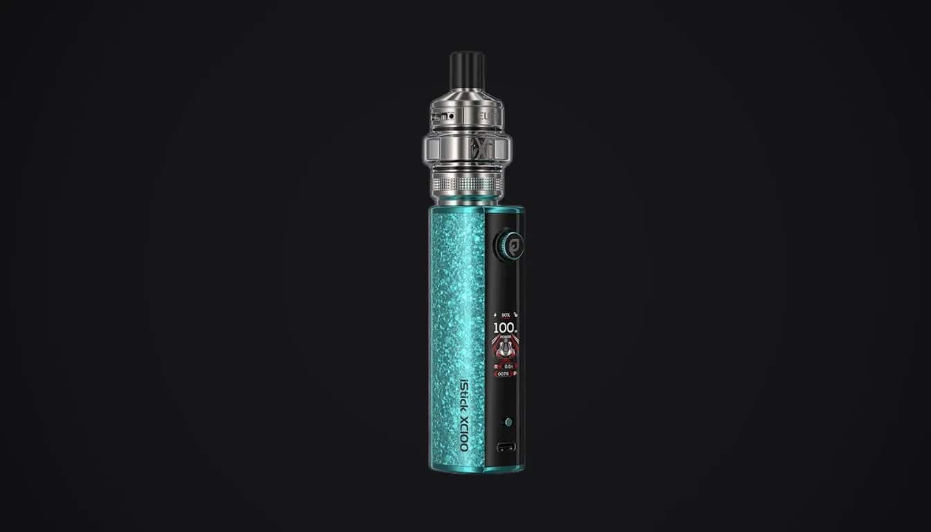 Eleaf iStick XC100 vape device with turquoise textured finish and black control panel against dark background