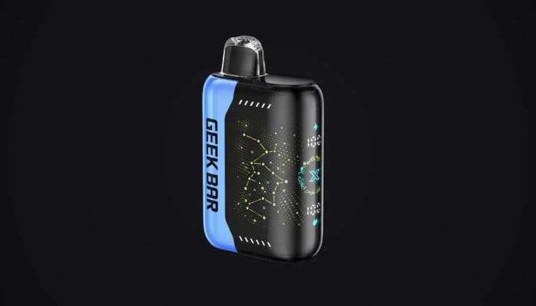 Geek Bar Pulse X black vape device with blue accent stripe and molecular pattern graphics on dark background