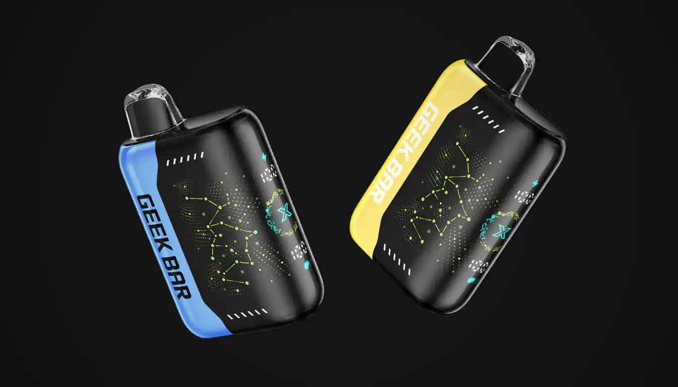 Geek Bar Pulse X vape devices in blue and yellow colorways displayed against black background