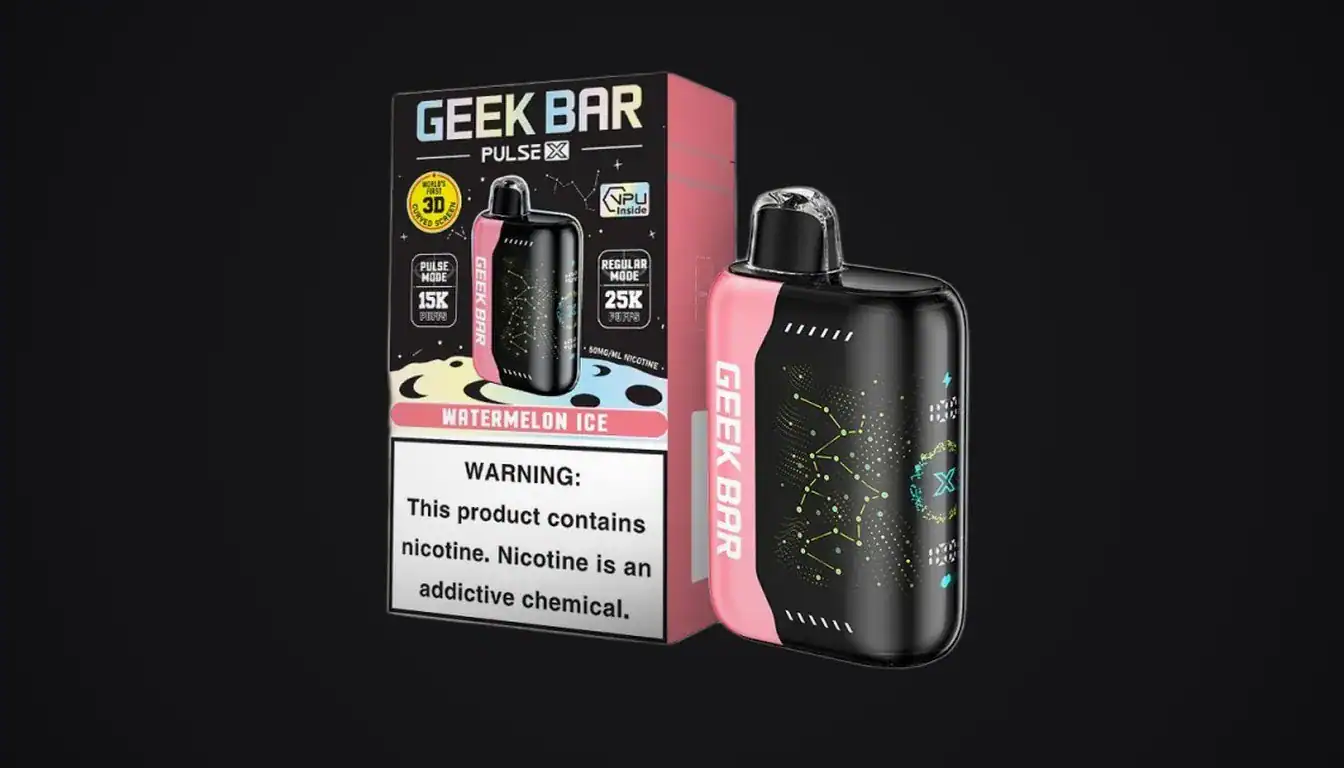Geek Bar Pulse X vape device in black with pink accents shown next to its packaging box against dark background