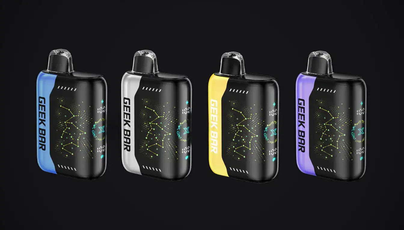 Geek Bar Pulse X vape in four colorways displayed against black background showing blue, silver, yellow, and purple variants