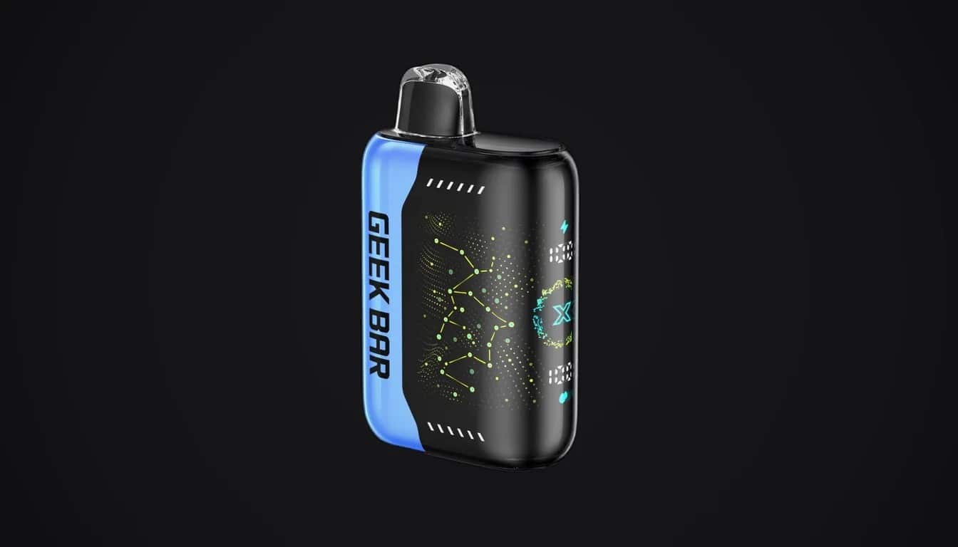 Geek Bar Pulse X black vape device with blue accent stripe and molecular pattern graphics on dark background