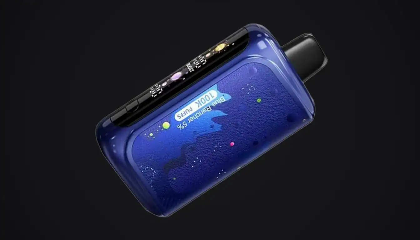 Horizontech 100K vape device in blue with black mouthpiece on dark background