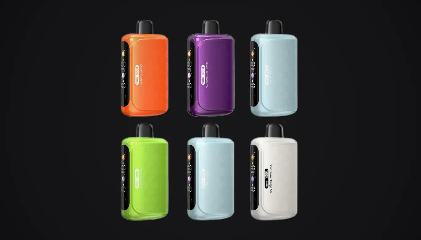 Horizontech 100K vape devices in six color options displayed against black background