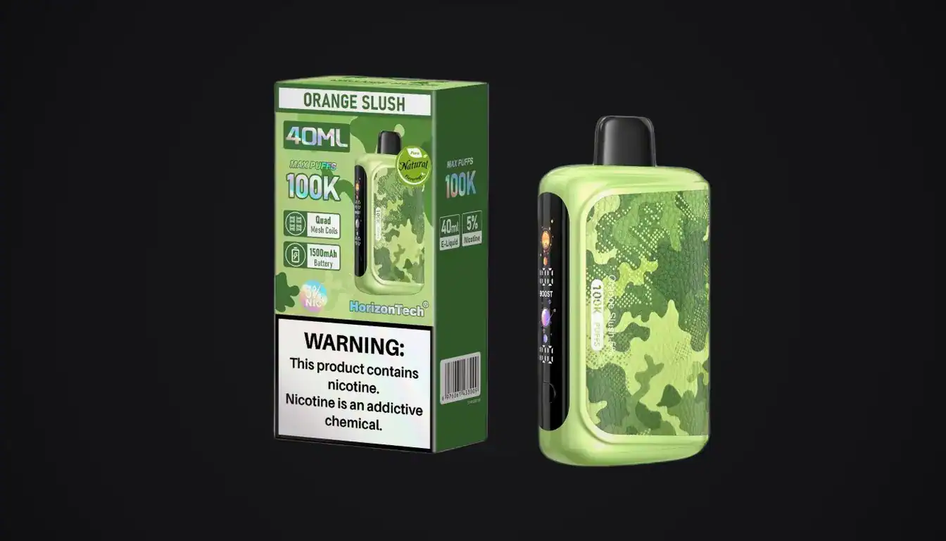 Horizontech 100K vape device with green camo pattern shown next to green packaging box on black background