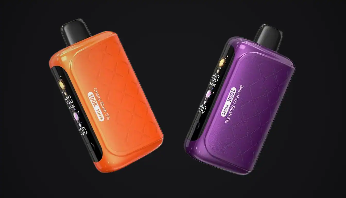 Horizontech 100K vape device in orange and purple colorways against black background