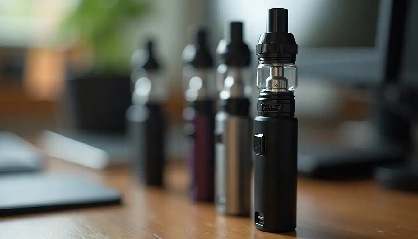 Unnamed vape device with black tank and battery unit displayed with five similar units blurred on wooden surface