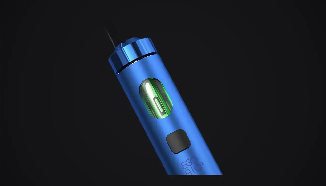 Joyetech eGo AIO 2 blue vape device with visible liquid window and button against black background