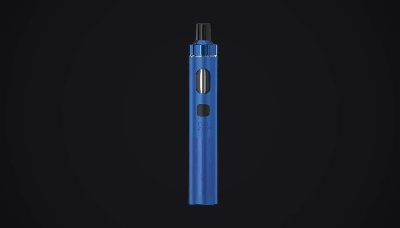 Joyetech eGo AIO 2 blue vape pen with viewing window and fire button on black background