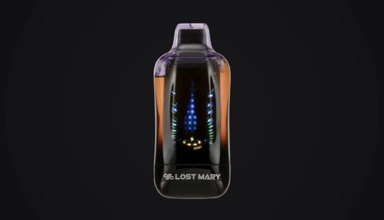 Lost Mary Viz vape device with purple top and black body displaying illuminated blue and yellow LED lights against dark background