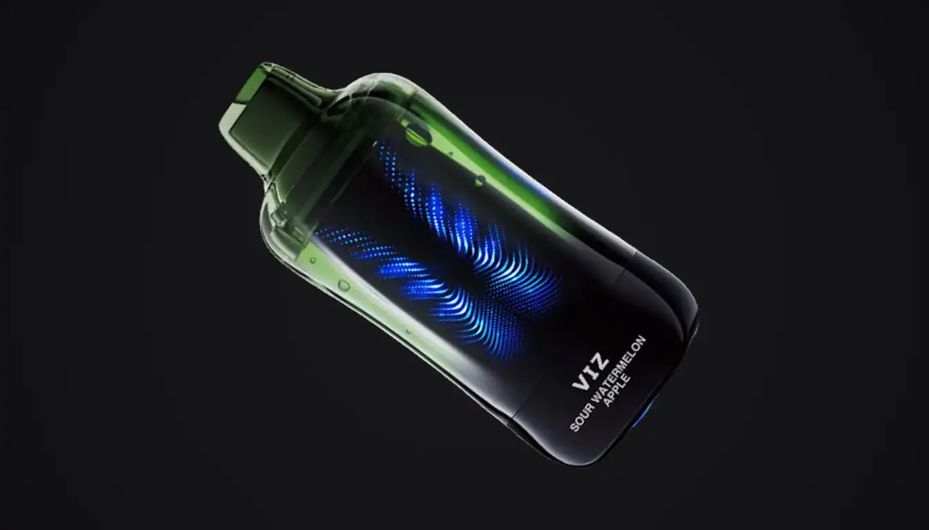 Lost Mary Viz vape device with transparent green top and black body displaying blue light pattern