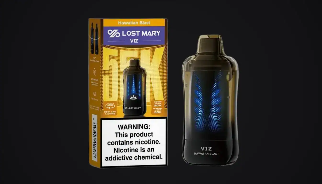 Lost Mary Viz vape device shown with packaging box and display unit against black background