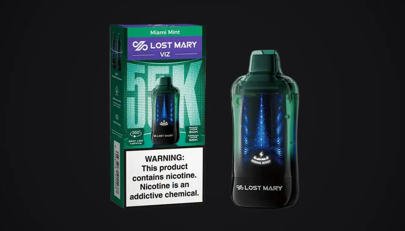 Lost Mary Viz vape device shown next to its green Miami Mint packaging box on black background