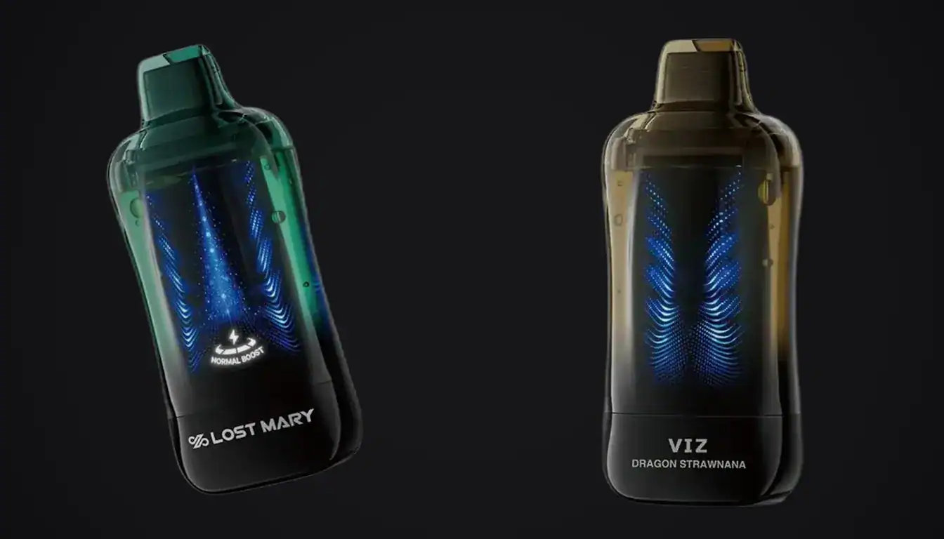Lost Mary Viz vape devices in green and tan colorways displayed against black background