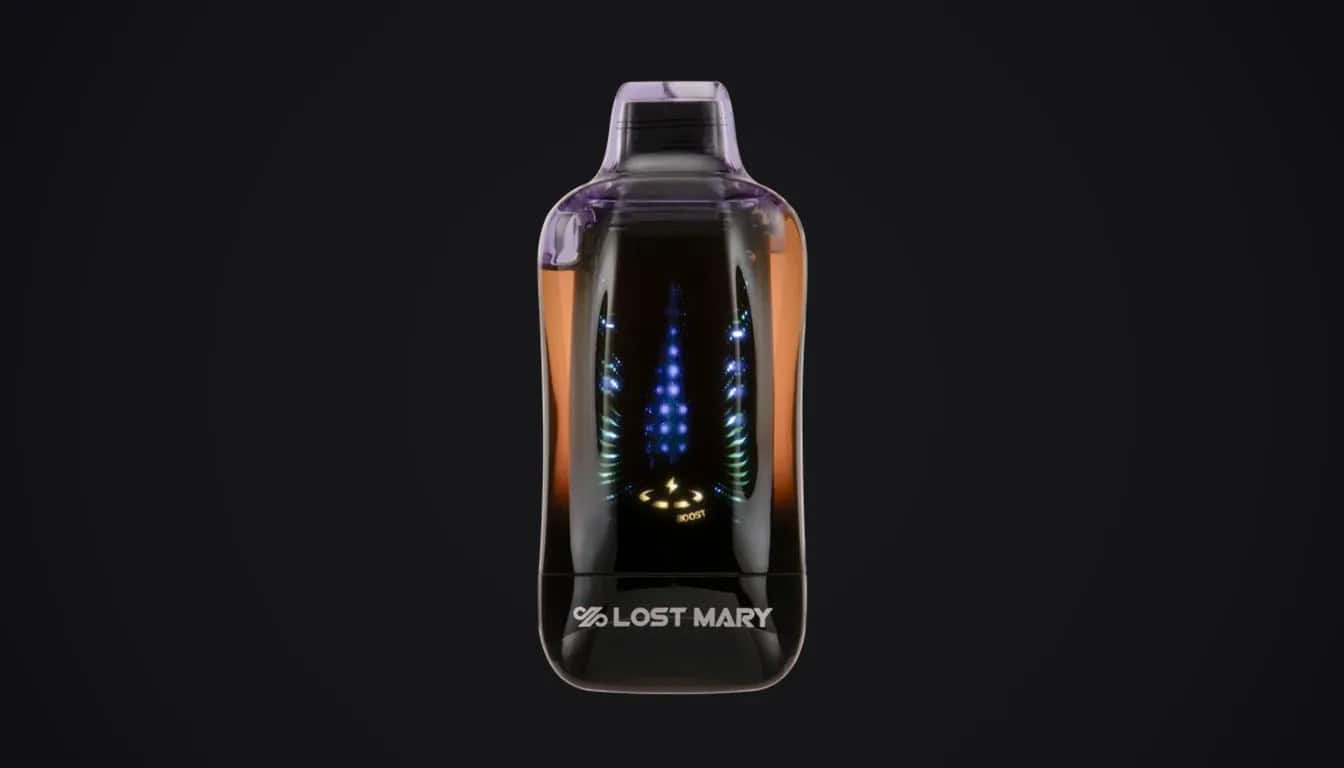 Lost Mary Viz vape device with purple top and black body displaying illuminated blue and yellow LED lights against dark background