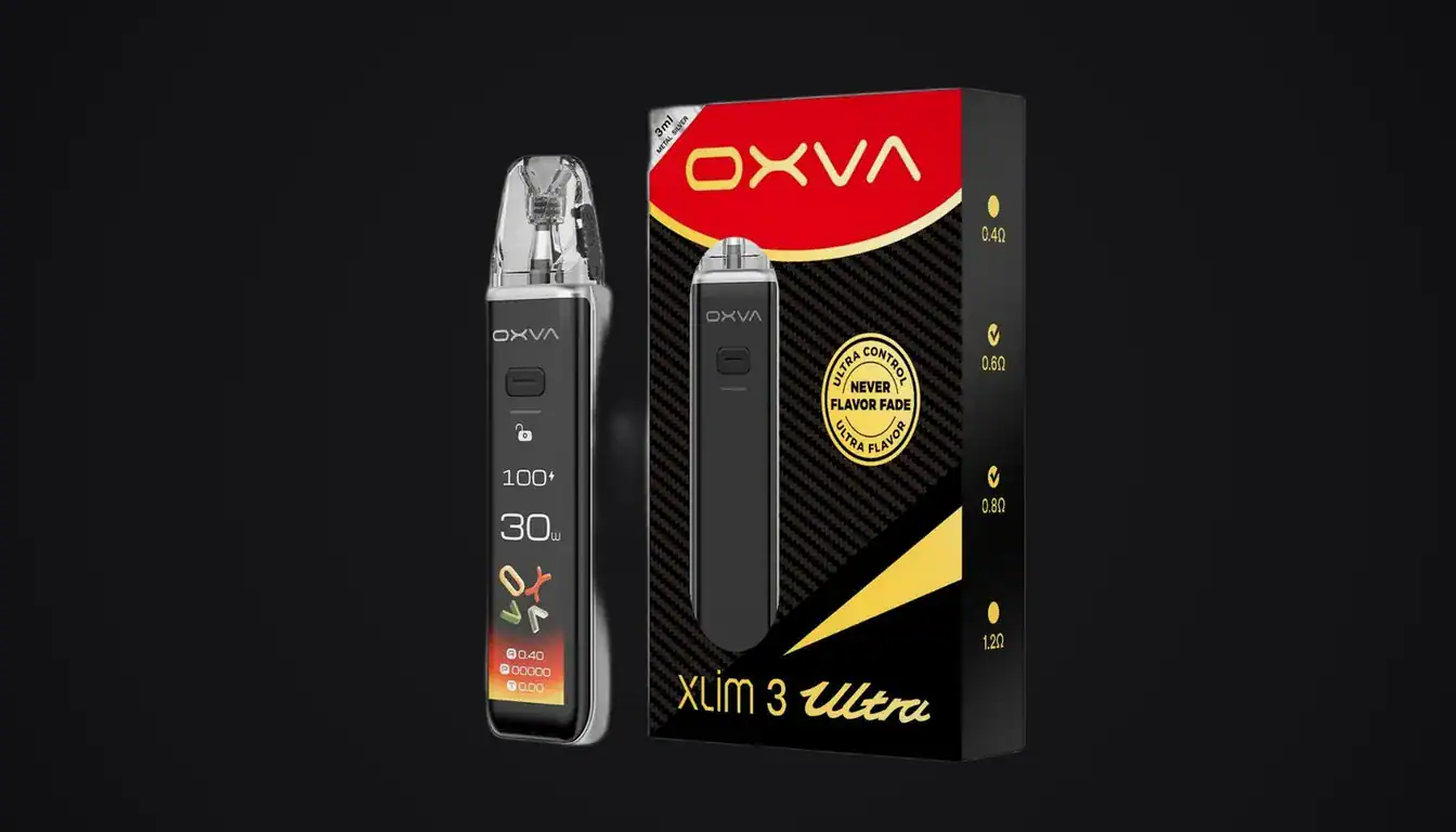 OXVA XLIM 3 Ultra vape device and packaging displayed against black background
