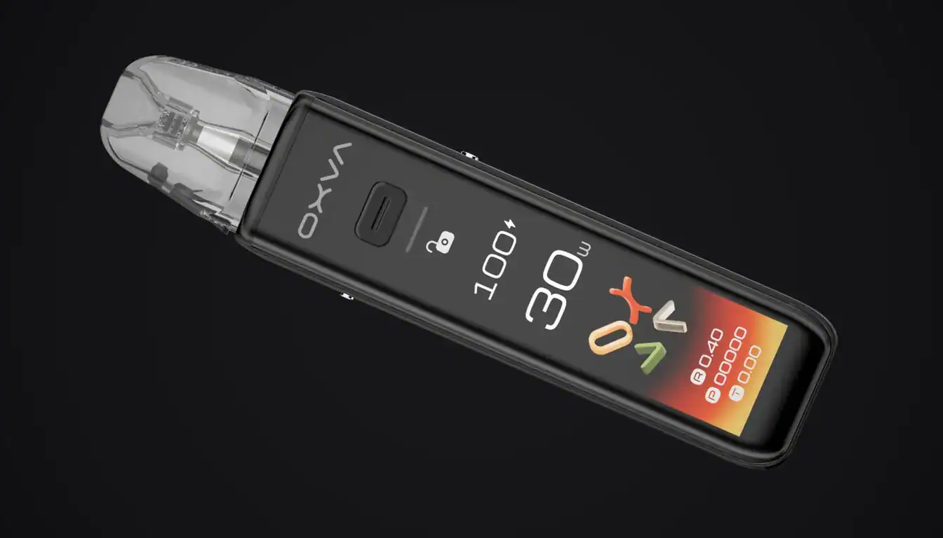 OXVA XLIM 3 Ultra vape device displayed at angle against black background with screen visible