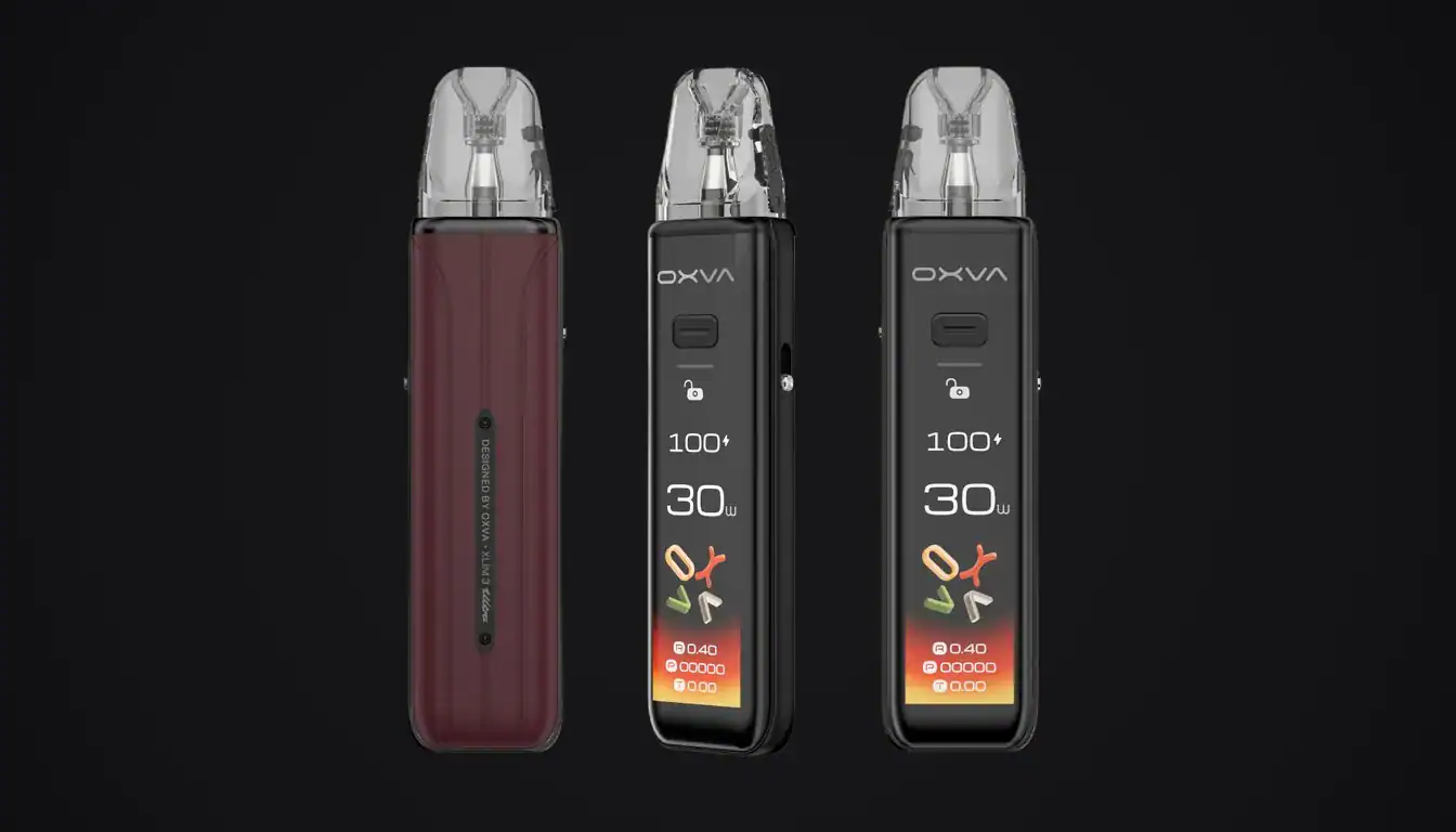 OXVA XLIM 3 Ultra in burgundy, black, and black color variants displayed against black background