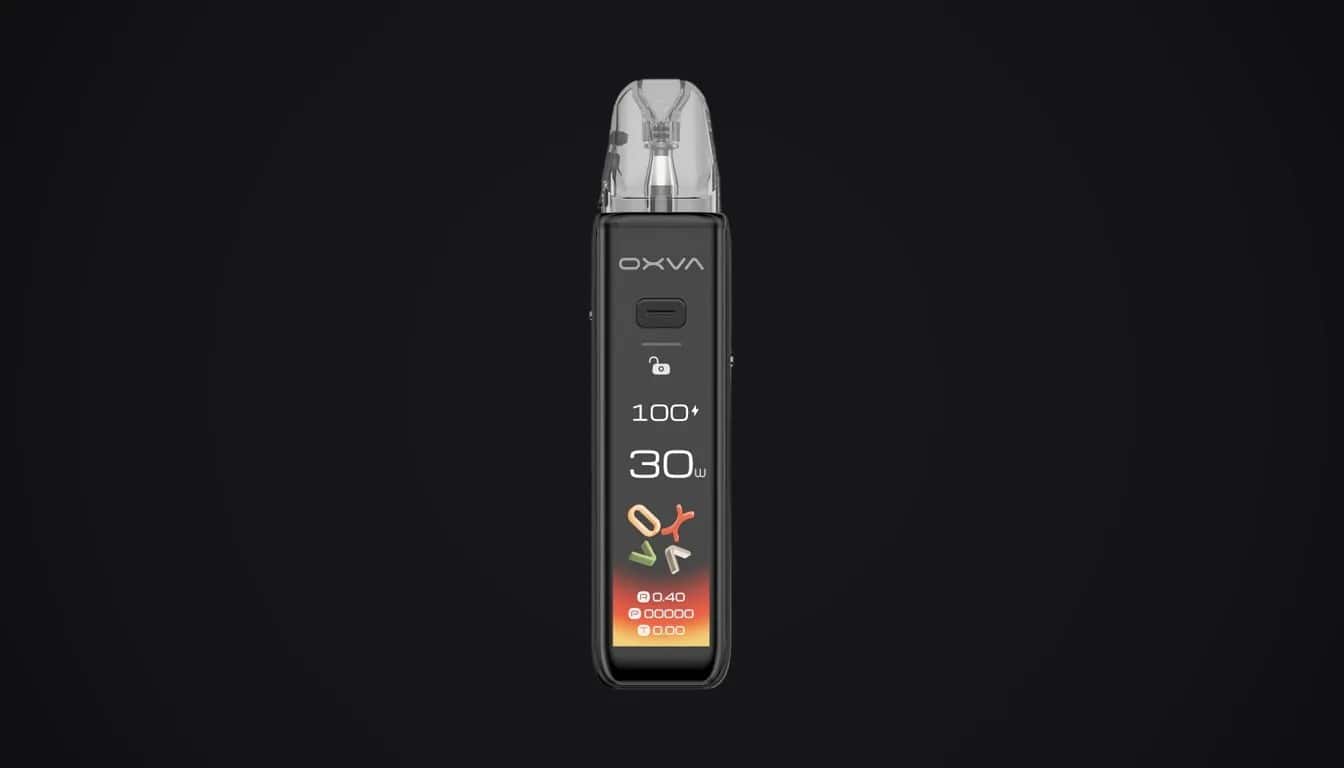 OXVA XLIM 3 Ultra vape device displaying 100+ puffs, 30W power, and flavor options on screen against black background
