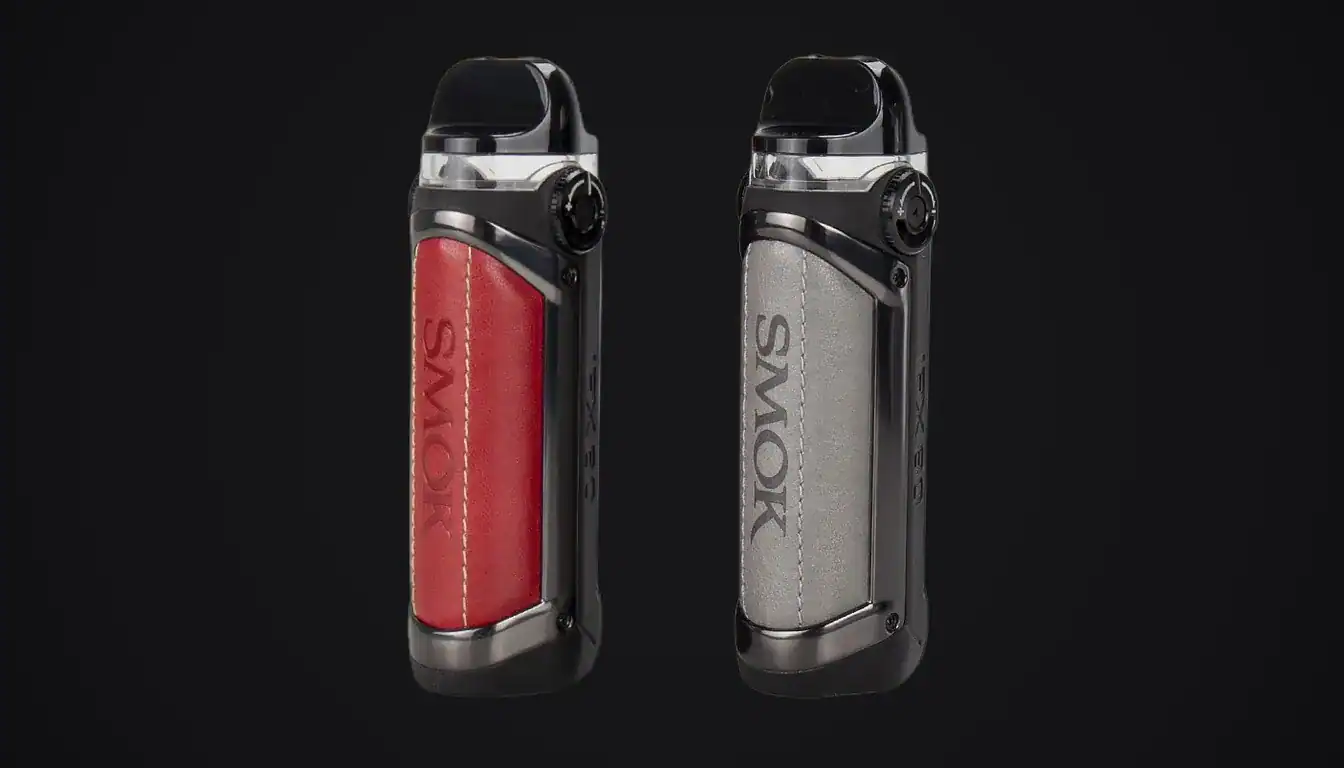 SMOK IPX 80 vape device shown in red and silver colorways against black background