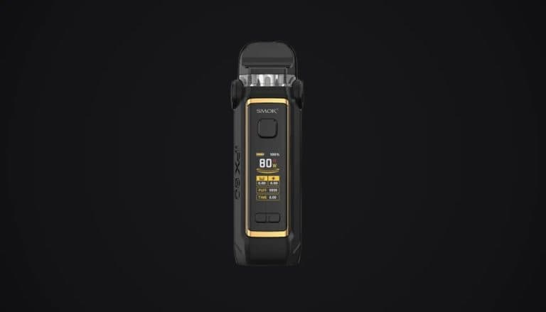 SMOK IPX 80 black vape device with gold accents displayed against dark background showing digital display screen