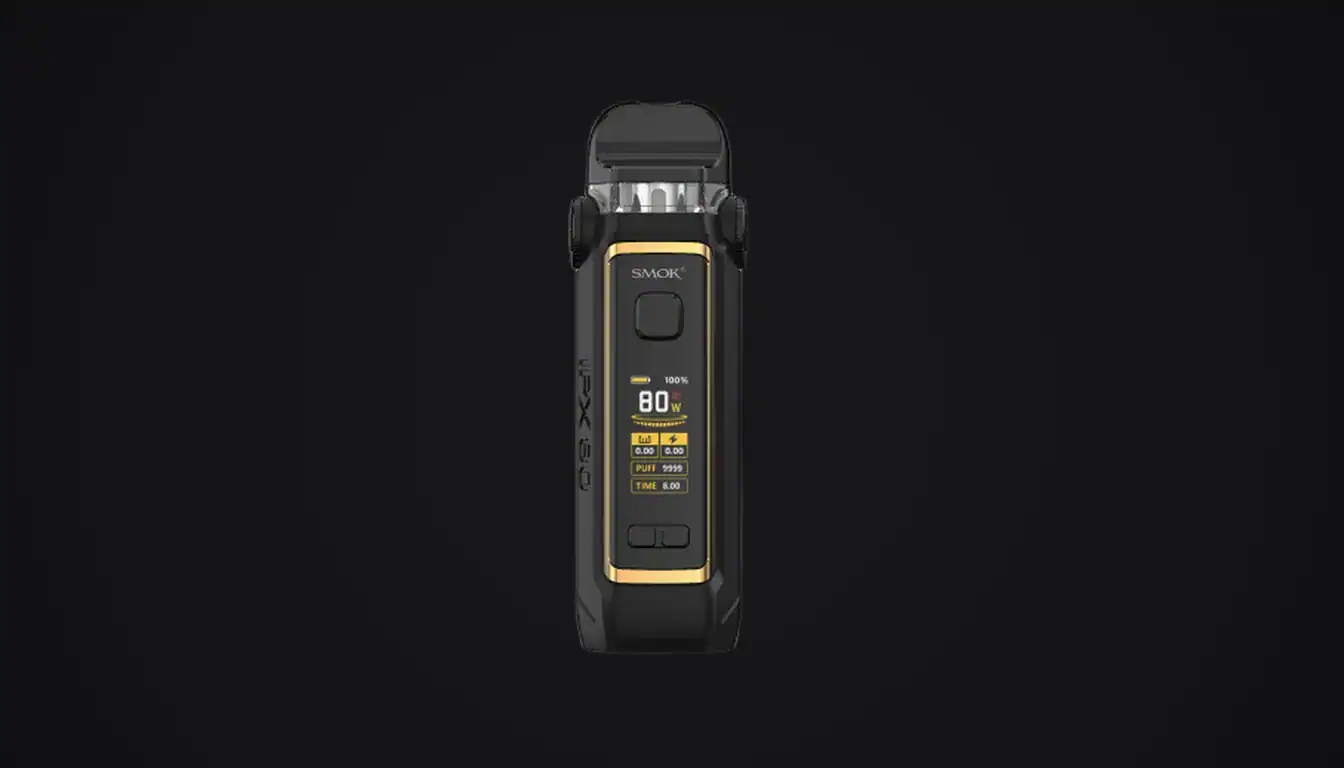 SMOK IPX 80 vape device with black and gold body displaying 80W power on screen against dark background