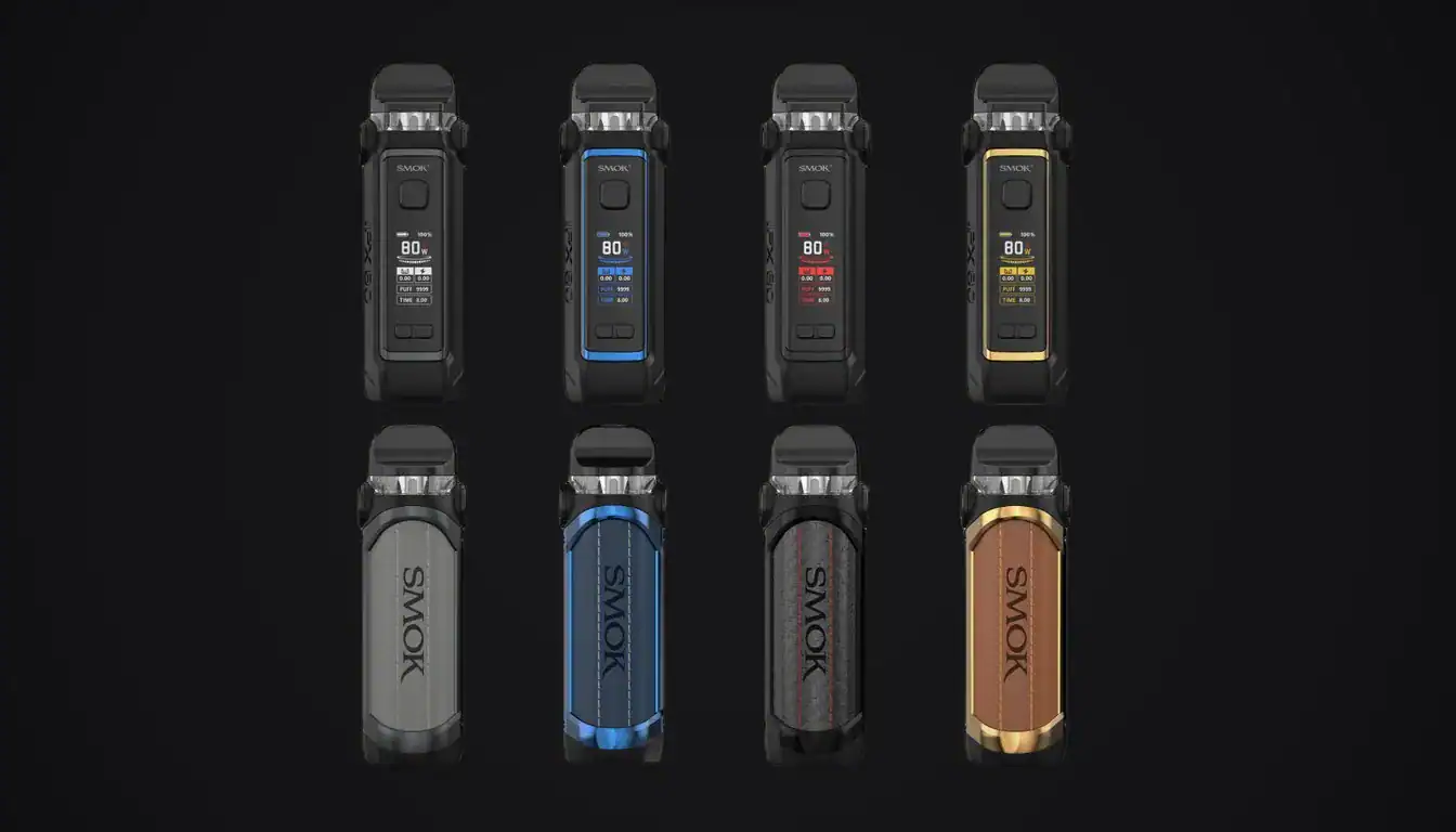 SMOK IPX 80 vape device displayed in eight color variations against black background