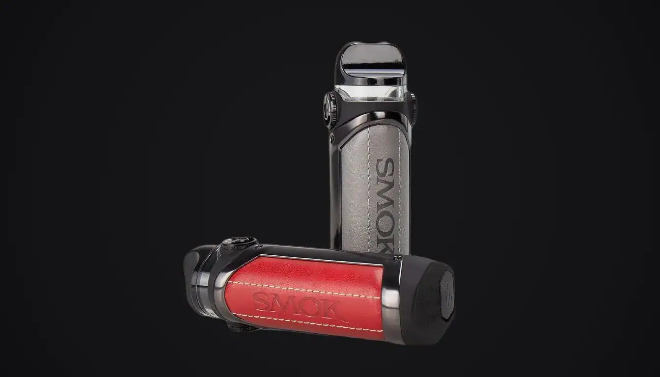 SMOK IPX 80 vape device shown in gray and red colorways against black background