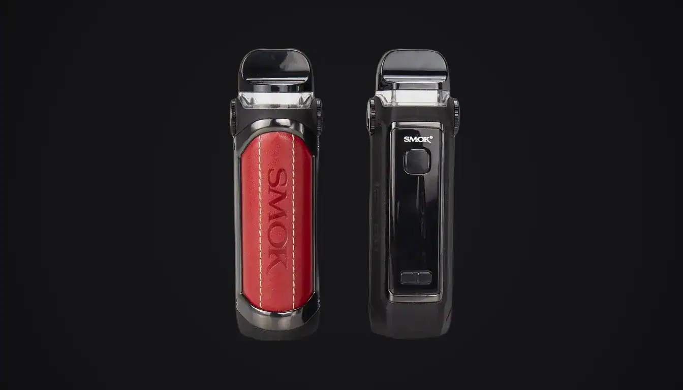 SMOK IPX 80 vape device shown from front and back views with red and black colorway against black background