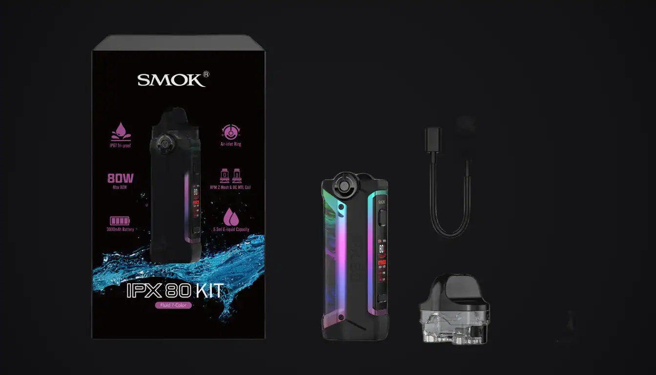 SMOK IPX 80 kit displayed with black box packaging, device with pink and teal accents, USB charger, and pod cartridge against dark background